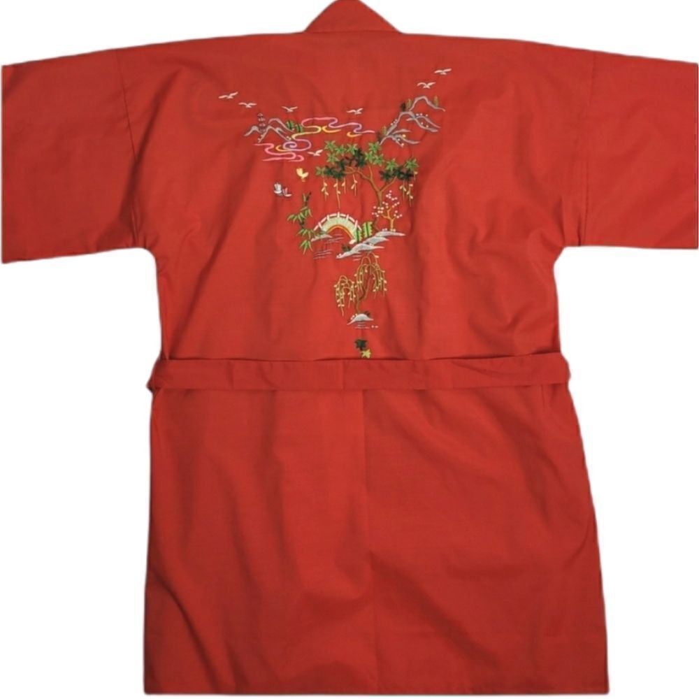 VINTAGE 70s robe red‎ hand embroidered Chinese garden tie kimono M